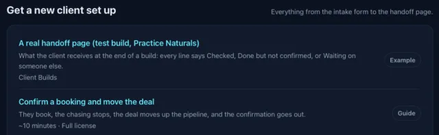 The Members Hub guide library, group Get a new client set up: A real handoff page (test build, Practice Naturals), and the guide Confirm a booking and move the deal, about 10 minutes.